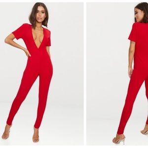 PrettyLittleThing Red Short Sleeve Plunge Jumpsuit